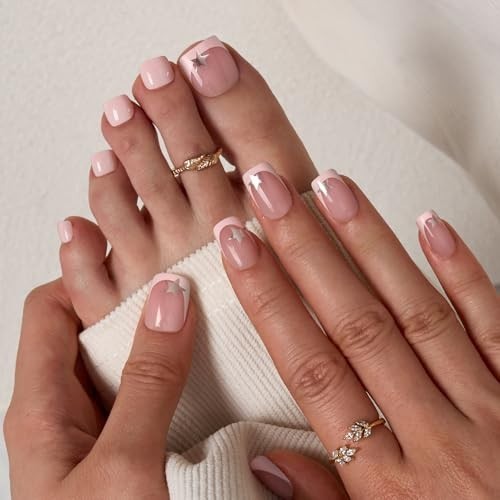 Press On Nails Short Square French Tip Soft Gel 32 Count 16 Sizes Glue Tabs