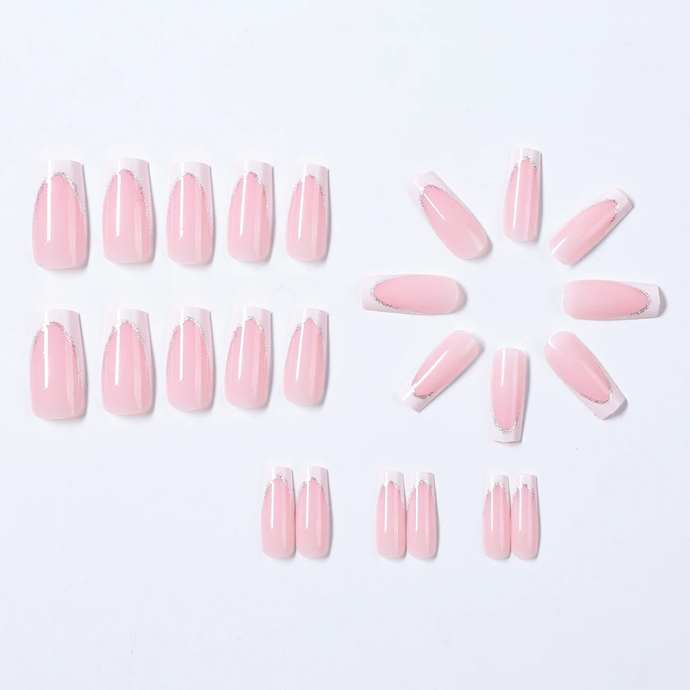 French Glitter Short Square Coffin Press on Nails Full Cover Acrylic Fake