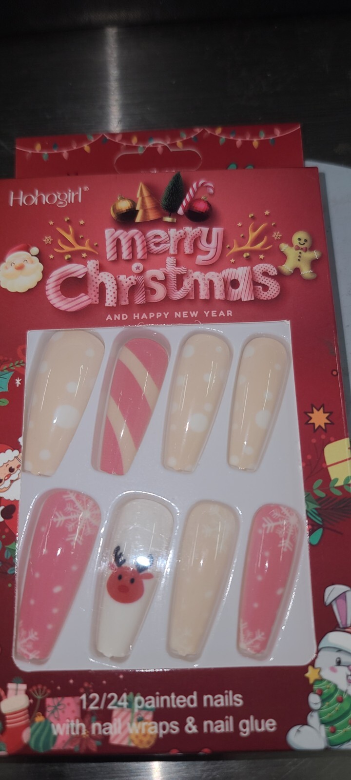 Christmas Press on Nails Medium Coffin Fake Nails with Christmas Tree Design Gli