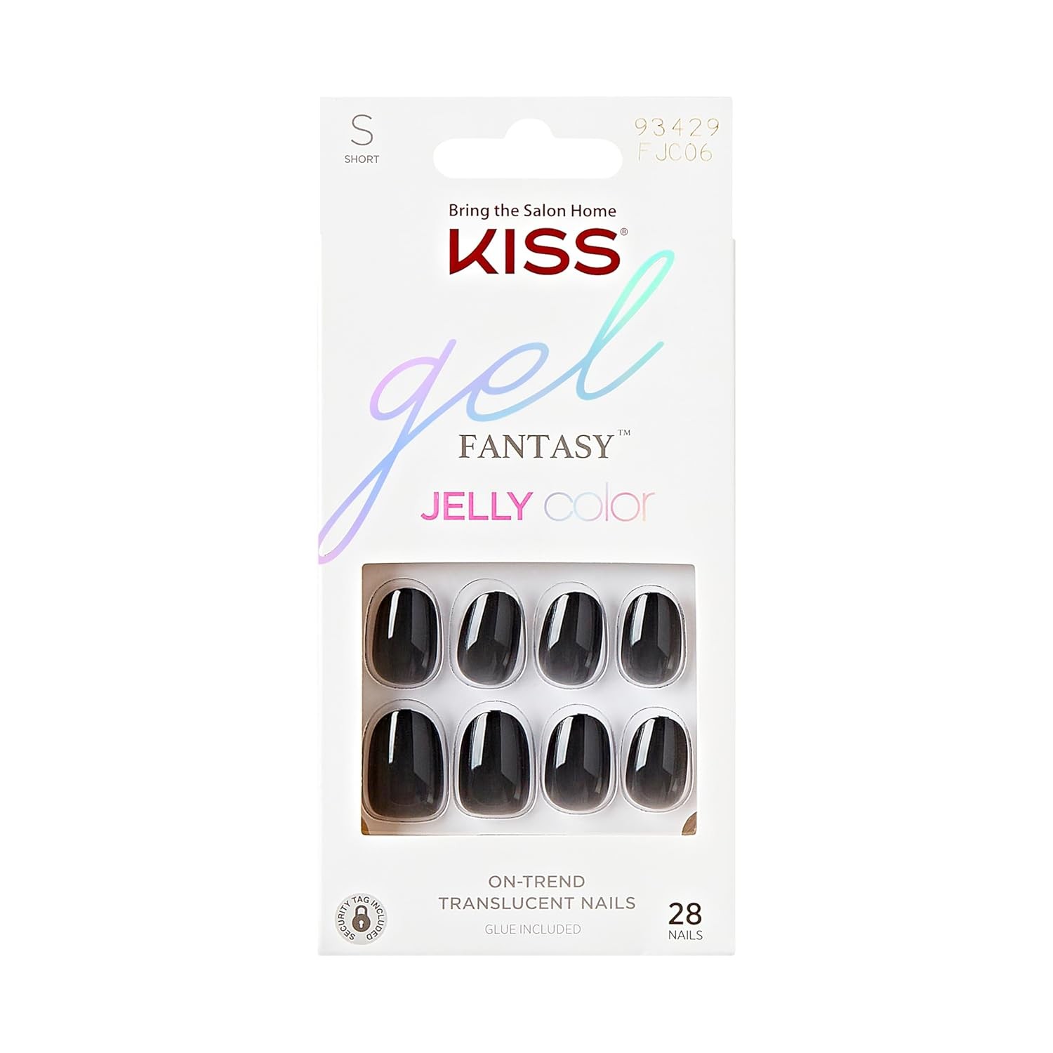 KISS Gel Fantasy Press-On Nails, Jelly Queen Black Short Oval, 28 Nails + Glue