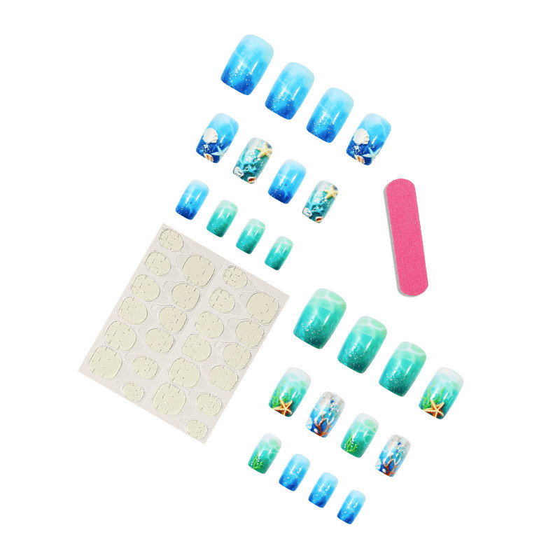 48Pcs Short Square Nails, Gradient Tone, 3D Shell Starfish, Beach Style
