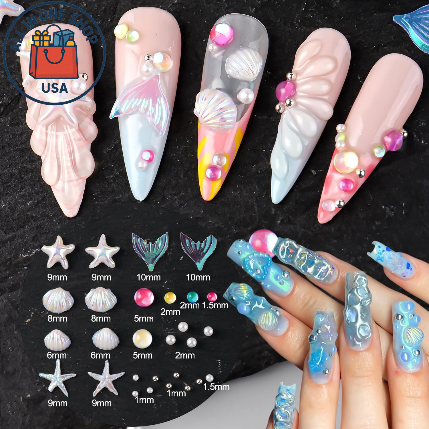 3D Summer Beach Nail Charms Set – Seashell Starfish Gems for DIY Manicure