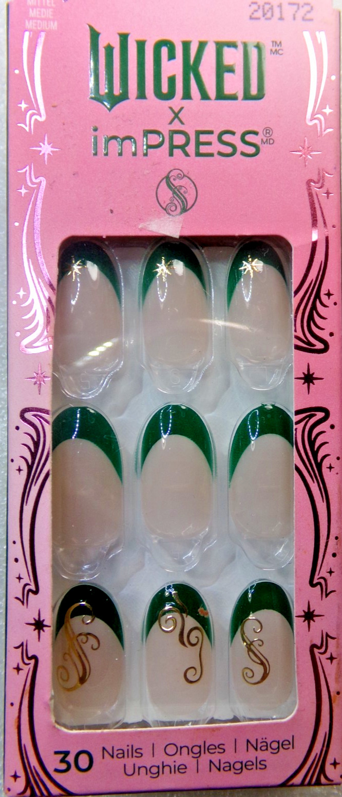 IMPRESS NAILS PRESS ON Medium- Shiny Green & Gold Oval Shape