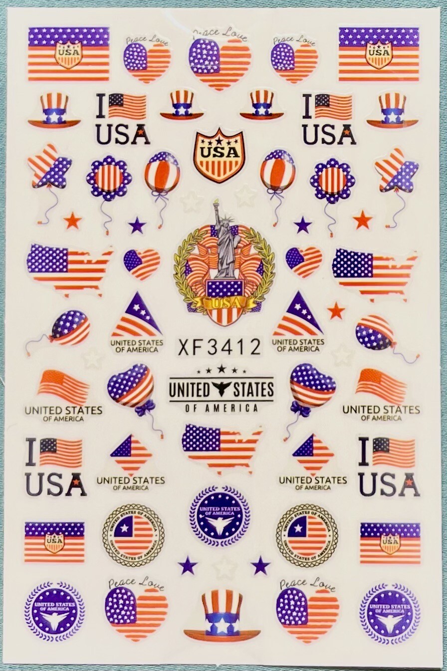 Nail Stickers Art Decal DIY Design 3D Waterproof Summertime July 4th Flag XF3412