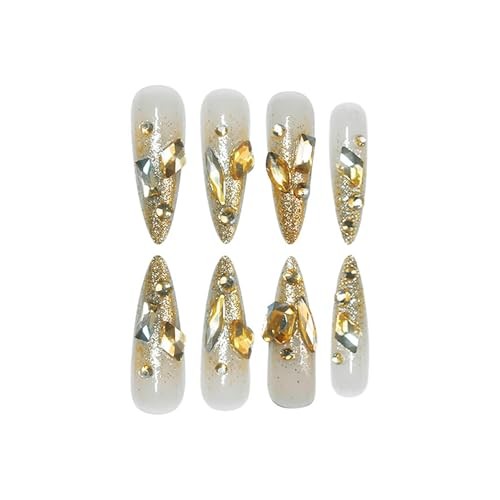 Long Stiletto Press on Nails French Tip Fake Nails Gold Almond Style 02-38
