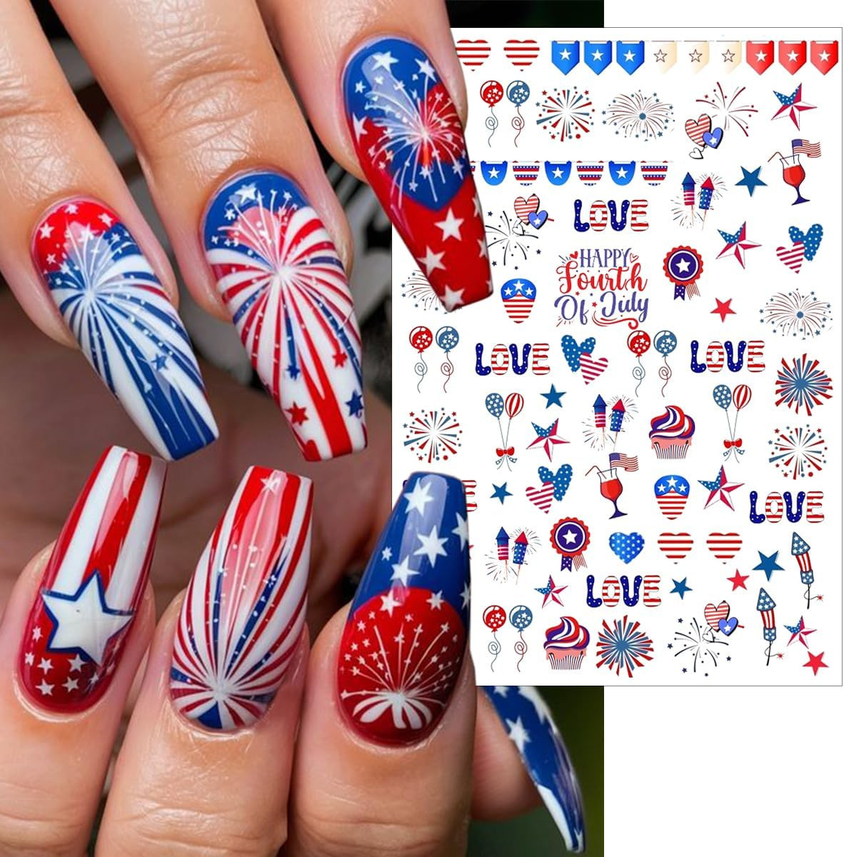 6 Sheets 4Th of July Nail Stickers for Nail Art 3D Self Adhesive Independence Da
