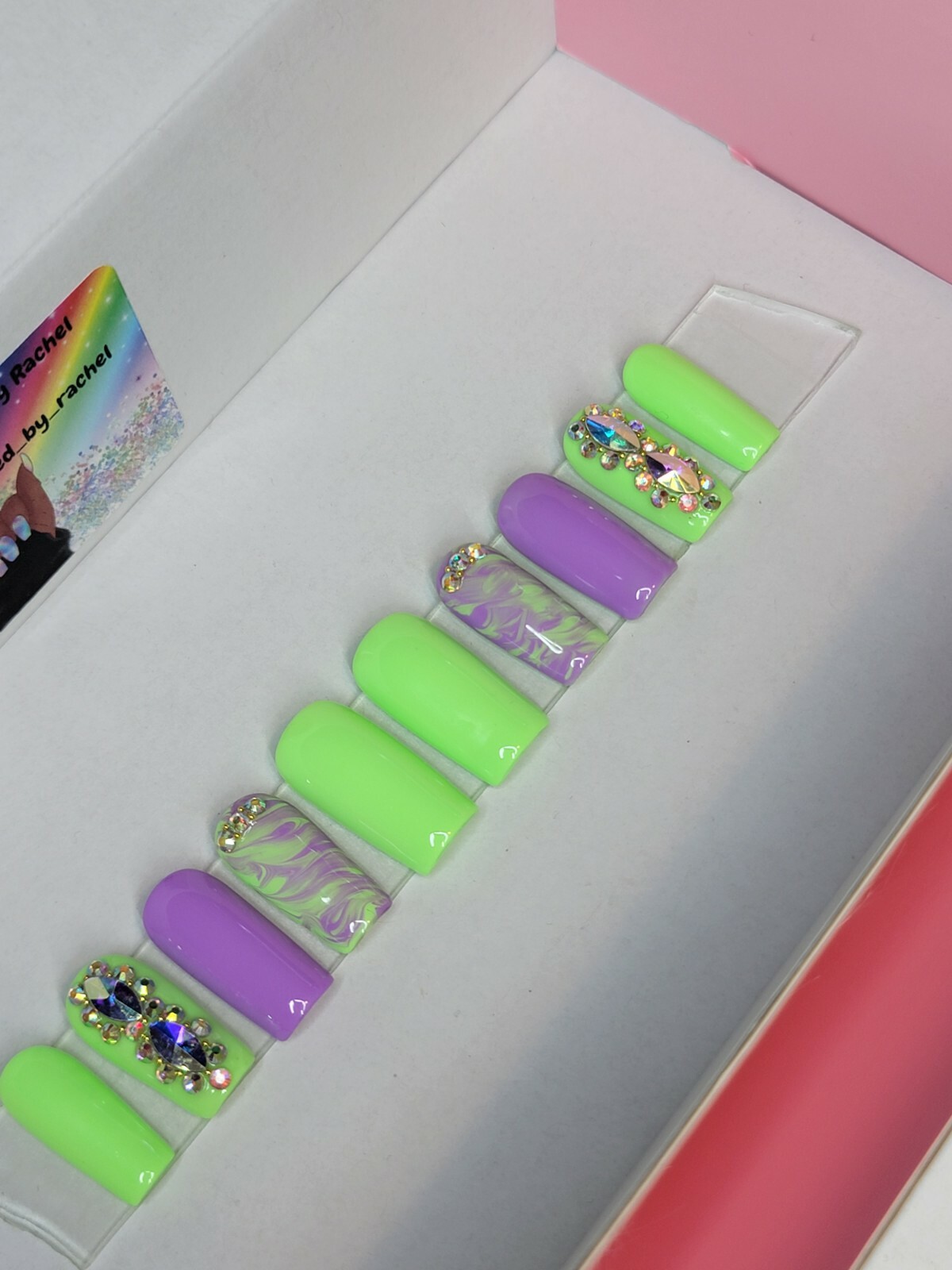 Green & purple marble bling press on nails square watercolor spring pastel nail