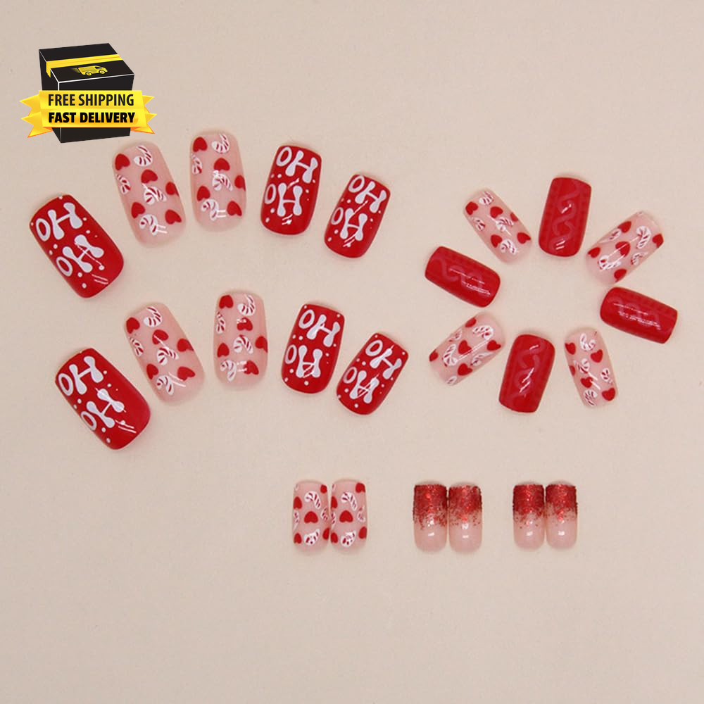24Pcs Christmas Short Press on Nails – Square Fake Acrylic False Nails with Cute