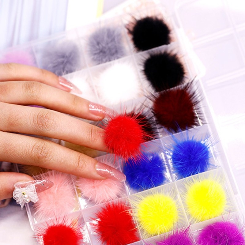Detachable Nail Art Fluffy Pom Balls Nail Plush Faux Fur Ball with Base