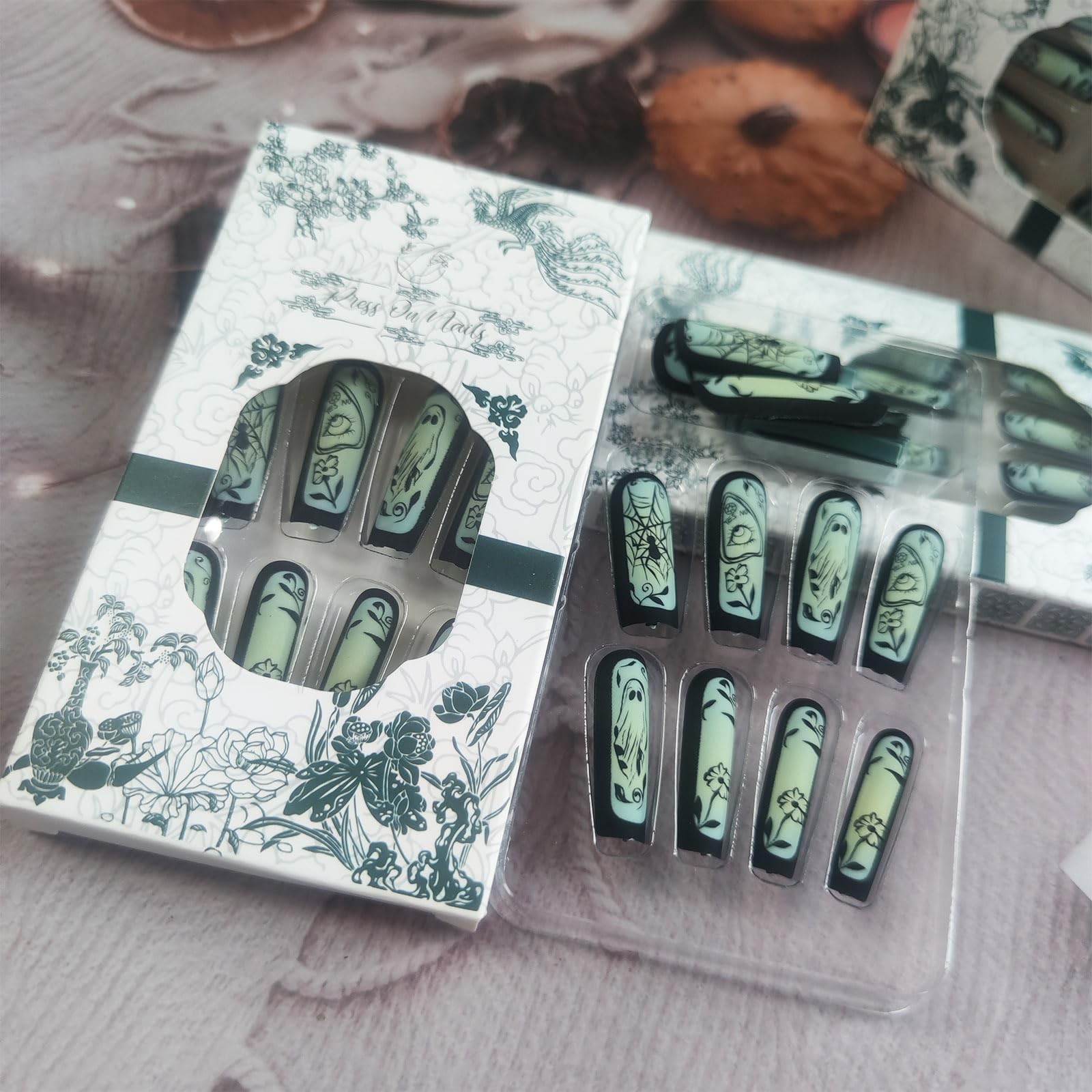 Evil Eye Halloween Nails – 24pc Cute Ghost Flower Vines Glue On Set – Matte B…