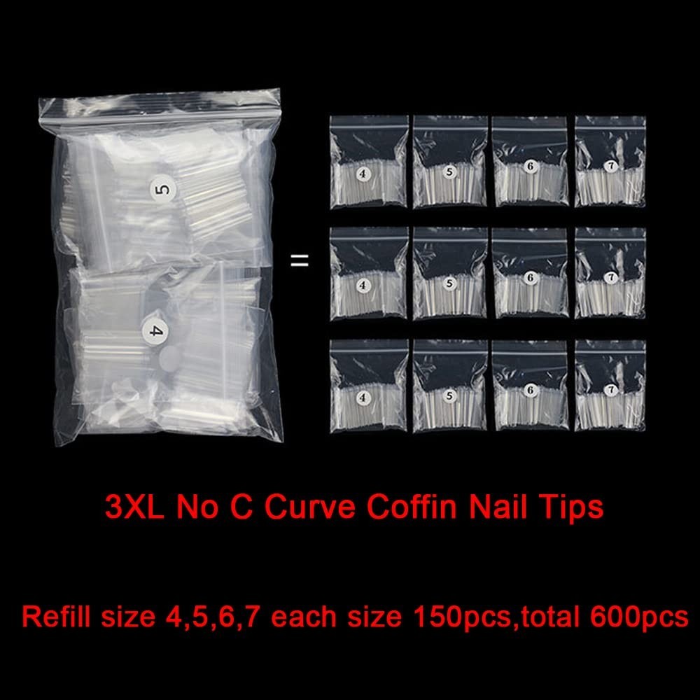 3XL Clear Acrylic Nail Tips – 600Pcs Half Cover Square Shape Coffin Nails, Sizes