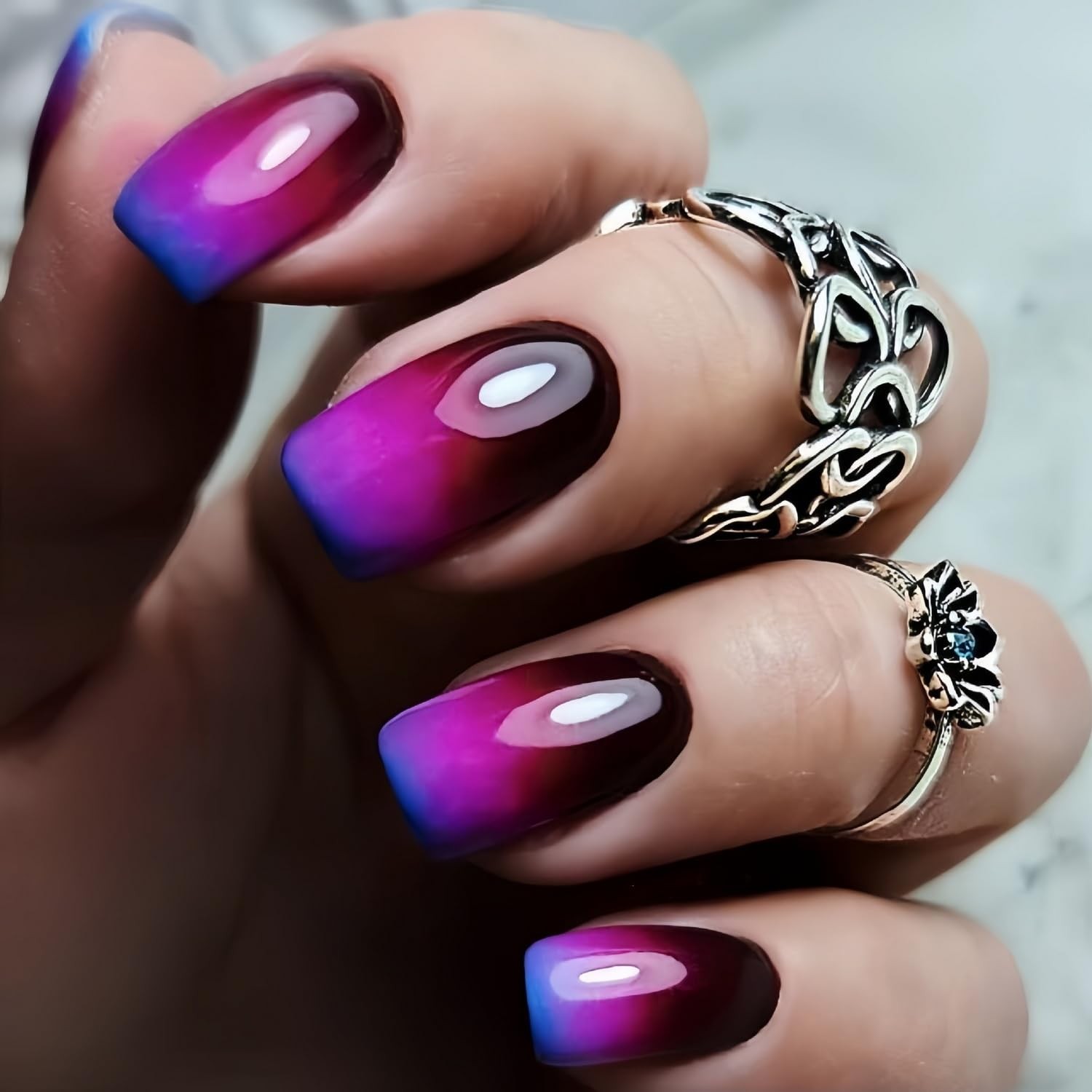 Press On Nails Short Square French Fake Nails with Gradient Designs Glossy