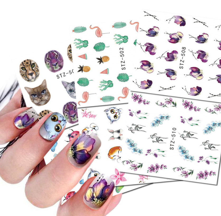 13Pcs Nail Art Water Transfer Lip Cat Butterfly Flora Sticker Tattoo Decals NS48