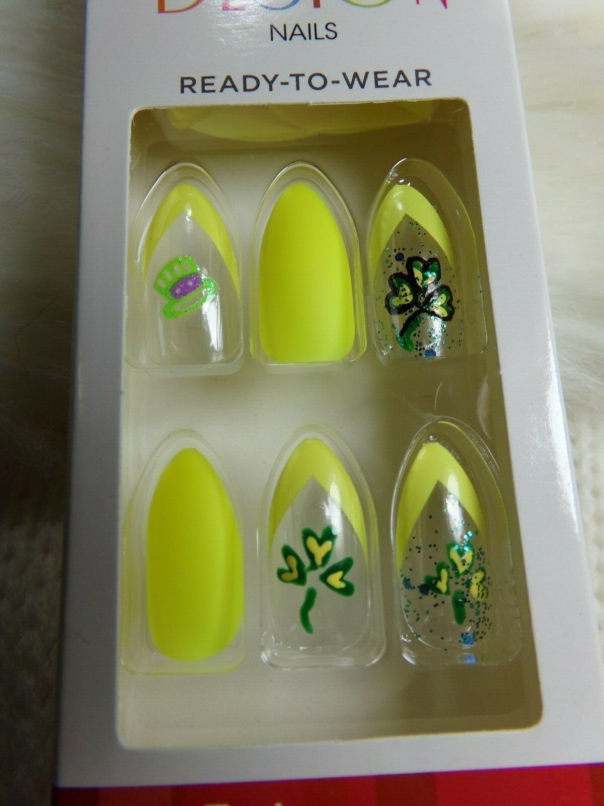 Kiss Nail Long Stiletto Matte Yellow with Green Shamrocks & Hats