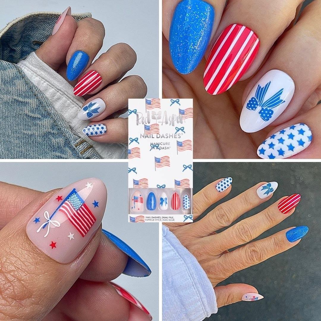 Red Aspen All American Girl Ash Patriotic 4th of July Press On Nails Almond MED