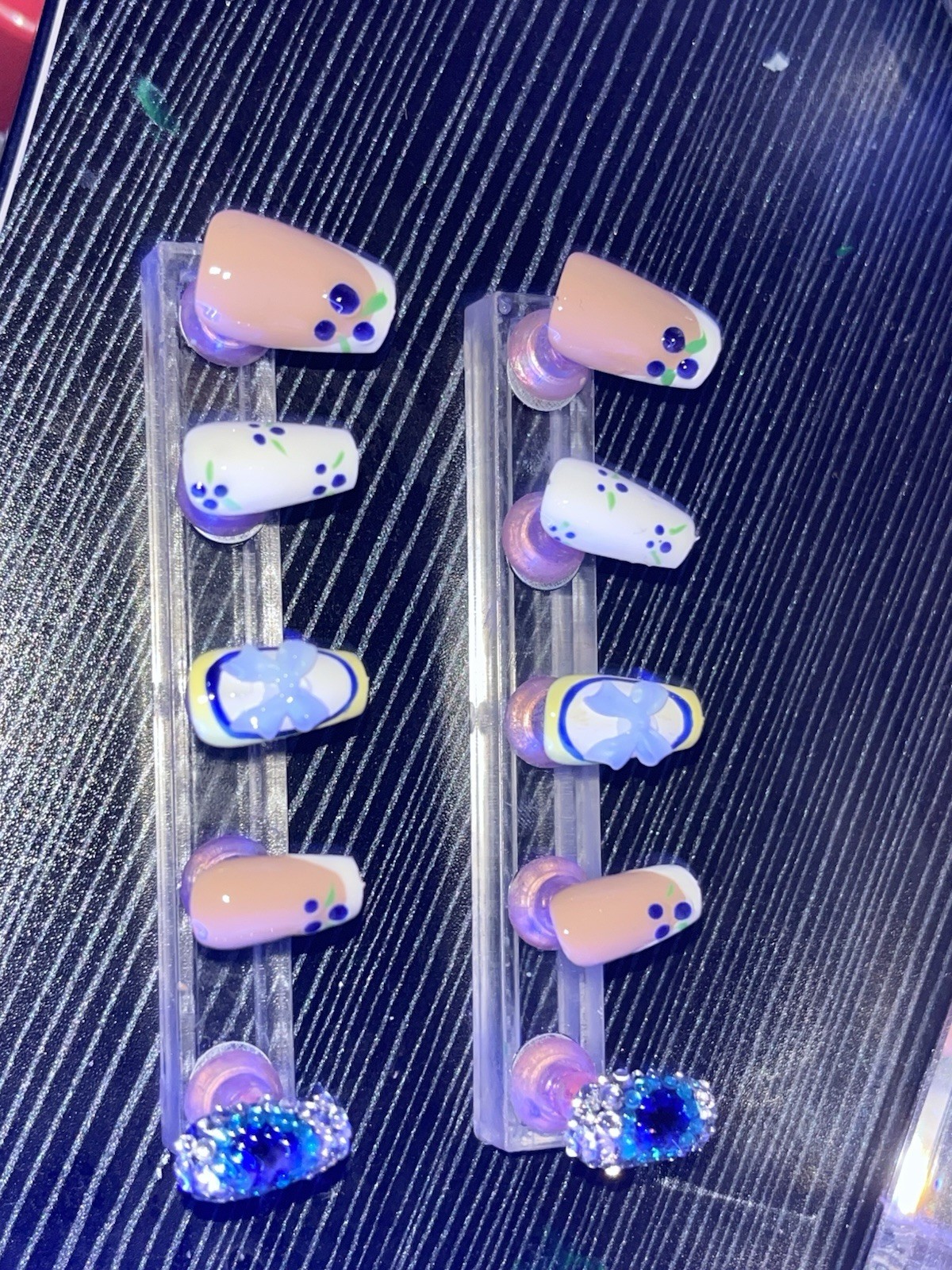 Press-On Nails Set Blue White Nude 3D Flowers Full Cover Square Pre-Designed