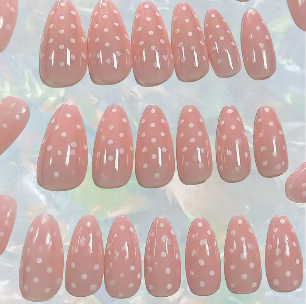 24 Pcs Press-On Nail Long Almond Glossy Light Pink with Polka Dots