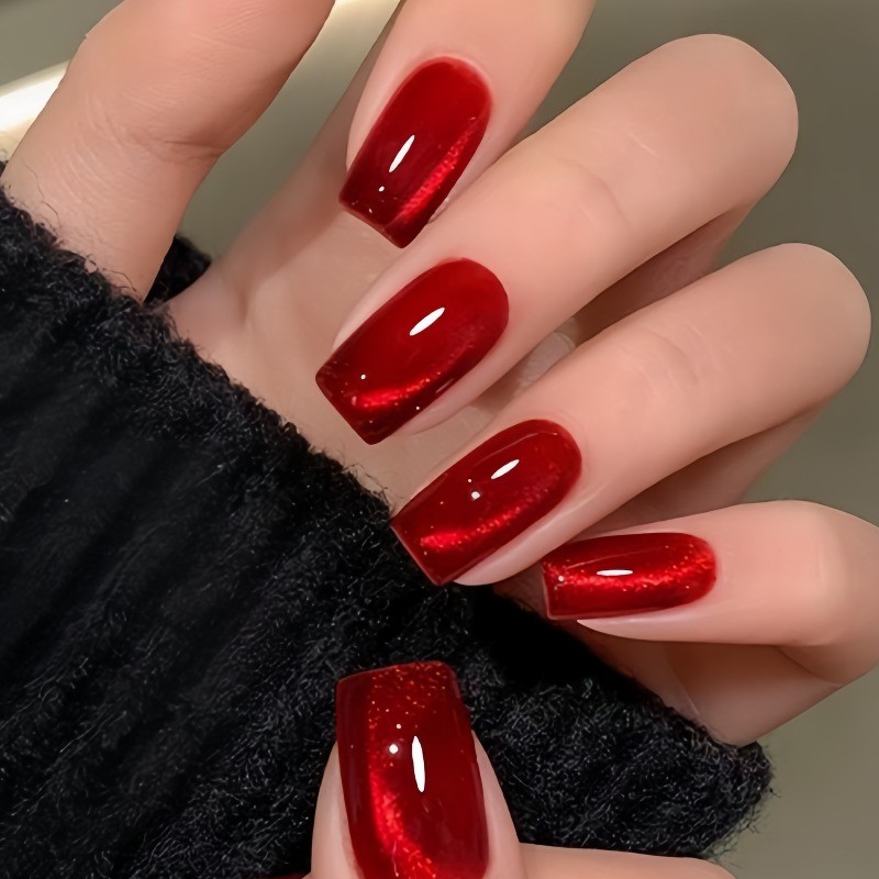 48P Medium Square Press on Nails, Red Cat Eye Glossy Solid Color Fake Nails