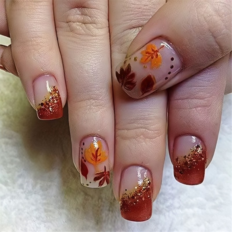 24 Pieces Acrylic Nail Short Square Glossy Maple Leaf Designs For Autumn