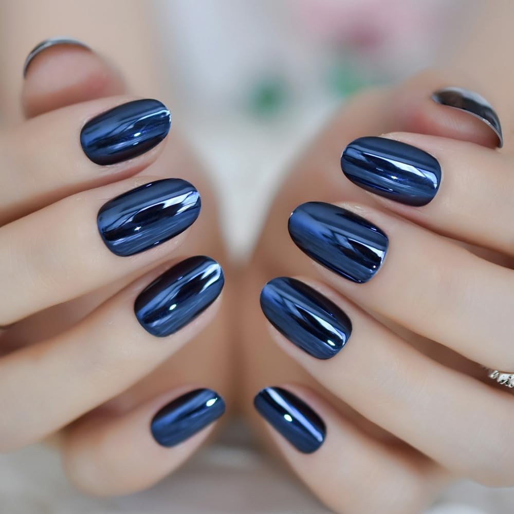 Press On Nails – Gray Blue Mirror Reflective | Acrylic Solid l UV Medium Oval…