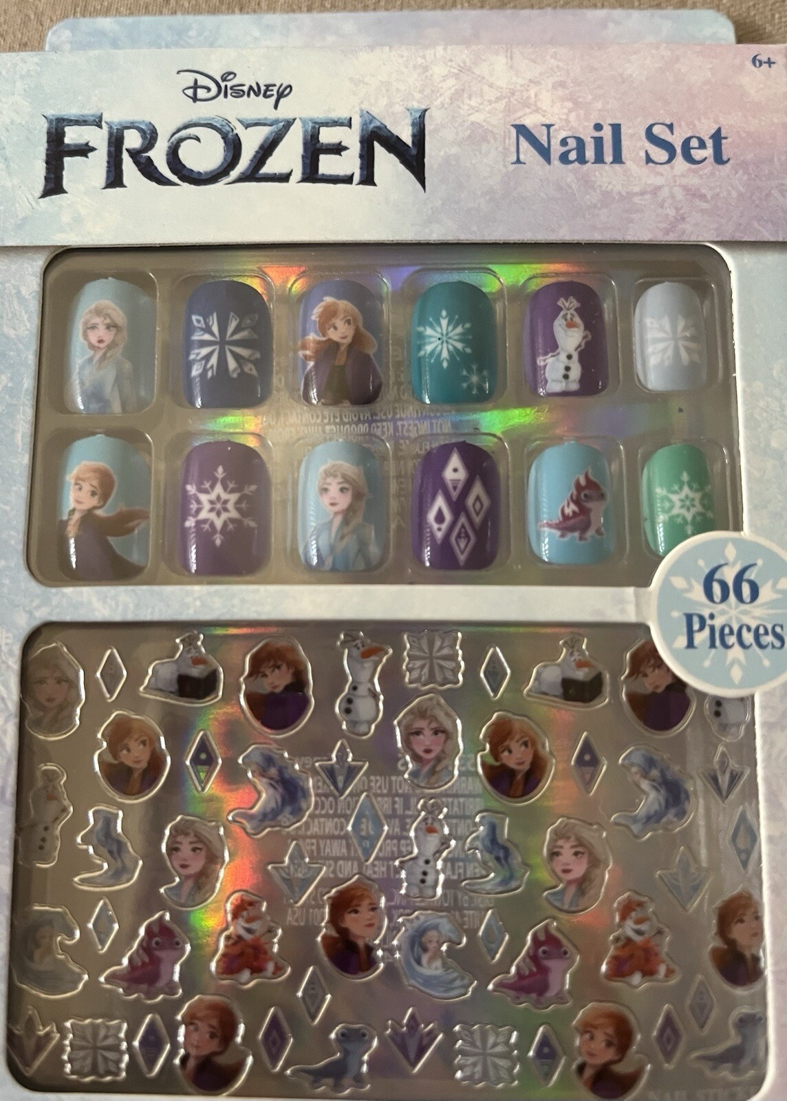 66 Piece Disney Frozen Nail Set~12 Press-On Nails & 53 Nail Stickers, New In Box