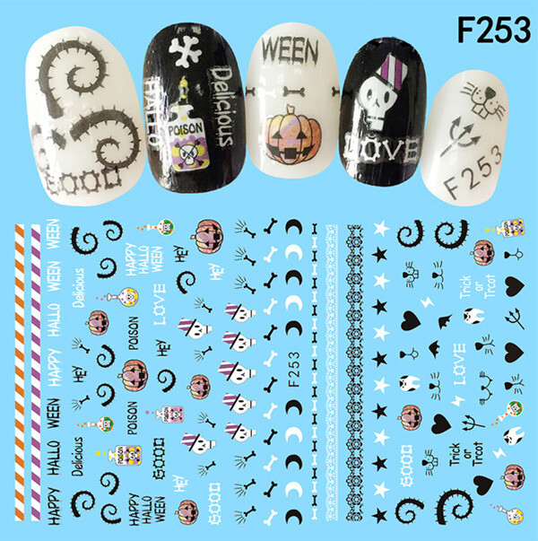 Nail Art Halloween Stickers Water Decals Snakes Goth Skull Pumpkin Scary Bats