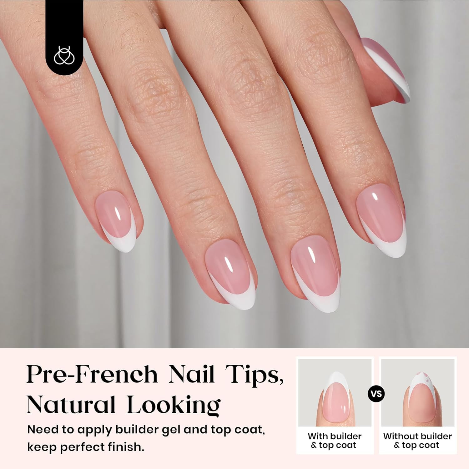 Beetles French Tips Press on Nails: 224 Pcs Pink Short Almond Press on Nails, Re
