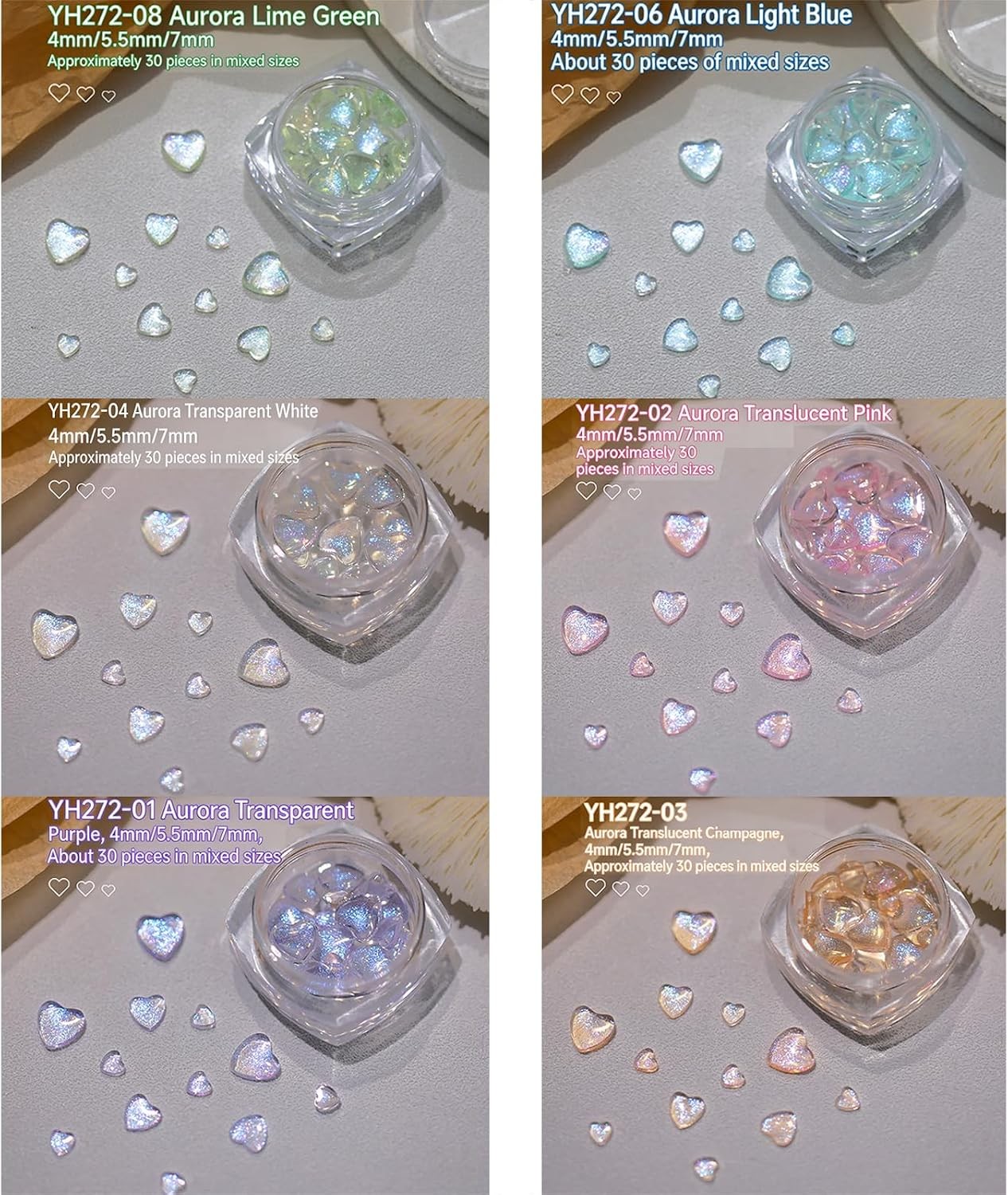 6 Jars Heart Nail Art Charms, 180Pcs Aurora Resin Rhinestones 3D