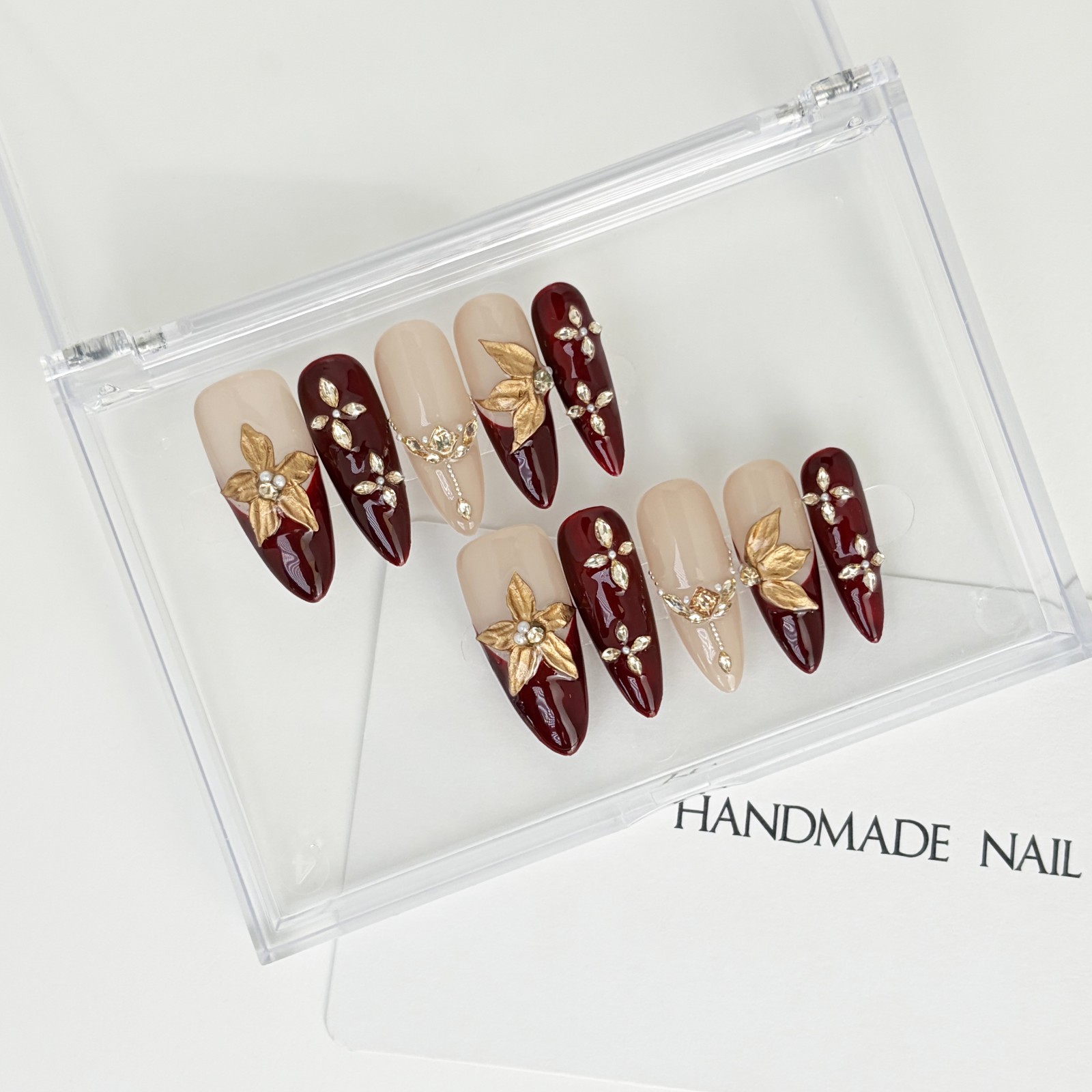 Vintage Gold Maple Leaf Red Press-On Nails with Pearls & Rhinestones Long Almond