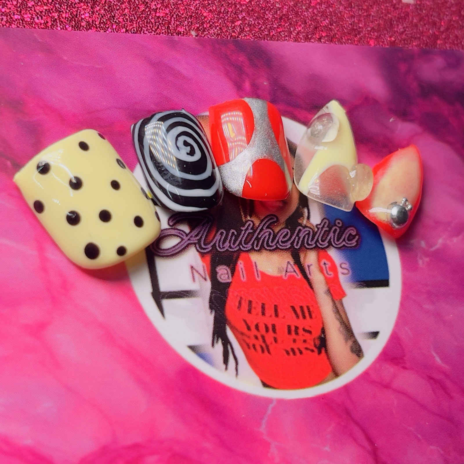 Square Stiletto Press-On Nails Yellow Red 3D Shiny by Authentic Nail Arts by Dia