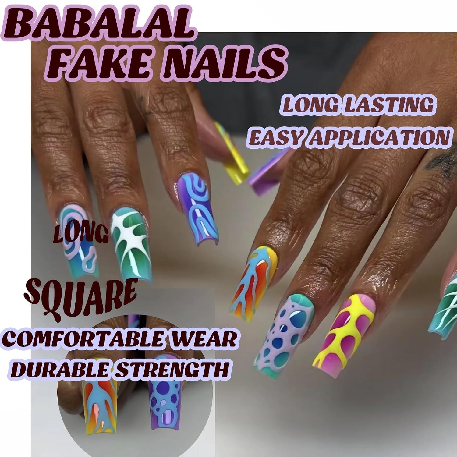 Press on Nails Long Square Fake Nails Blue Purple Ombre Glue on Nails Y2k Col…