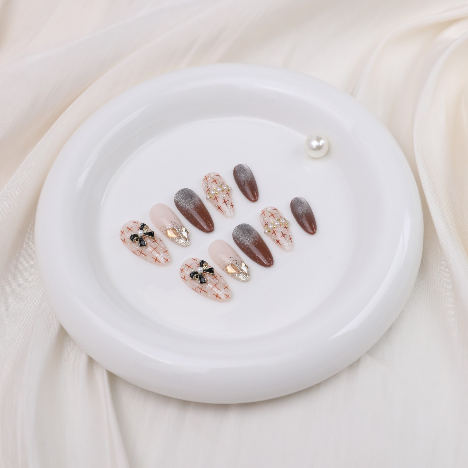 Medium Almond Press On Nails Nude Brown Plaid Bow Pearl Glitter Party Nail Set