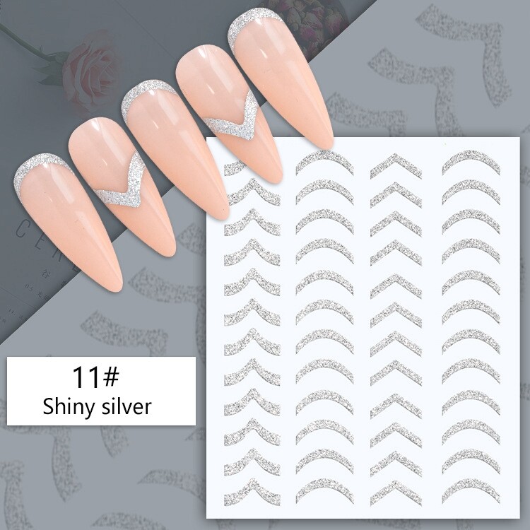 Glitter Silver French Tips Nail Sticker Wave Line Irregular Swirl Stripe Decal