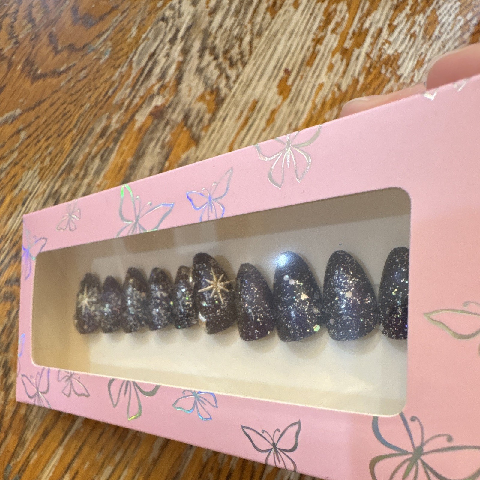 Dark Purple Glitter Star Pre-Designed Full Cover Press-On Nails Short Almond