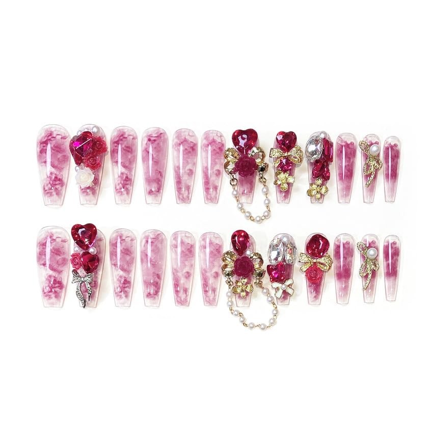 Long Coffin Press on Nails Short Fake Nails with 3D Rhinestones Pearl Desings…