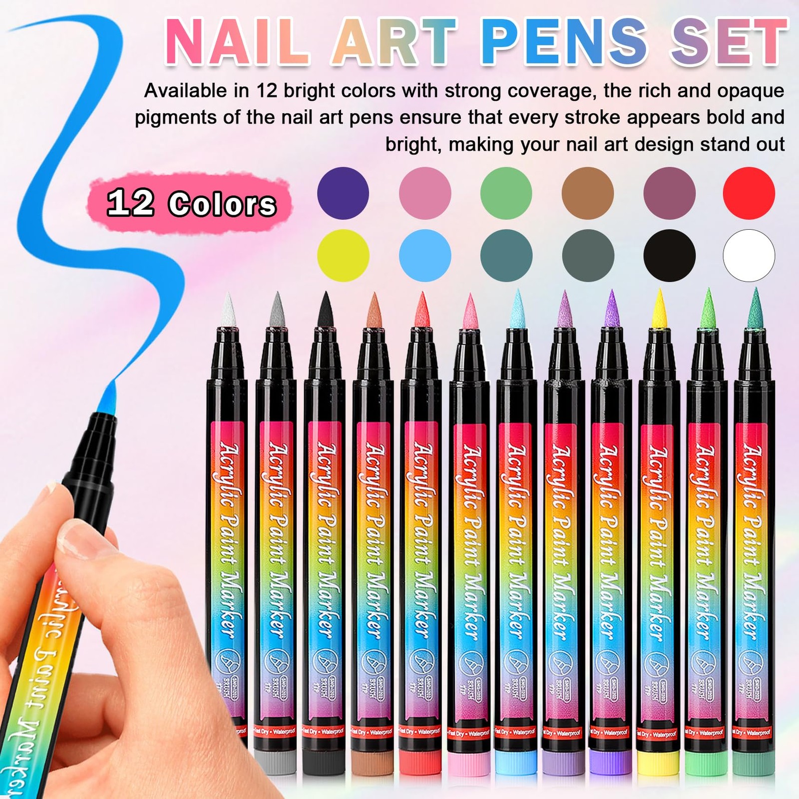 AOAZXBB 12 Colors Nail Art Pens Set Polish Pens,Quick Drying 12