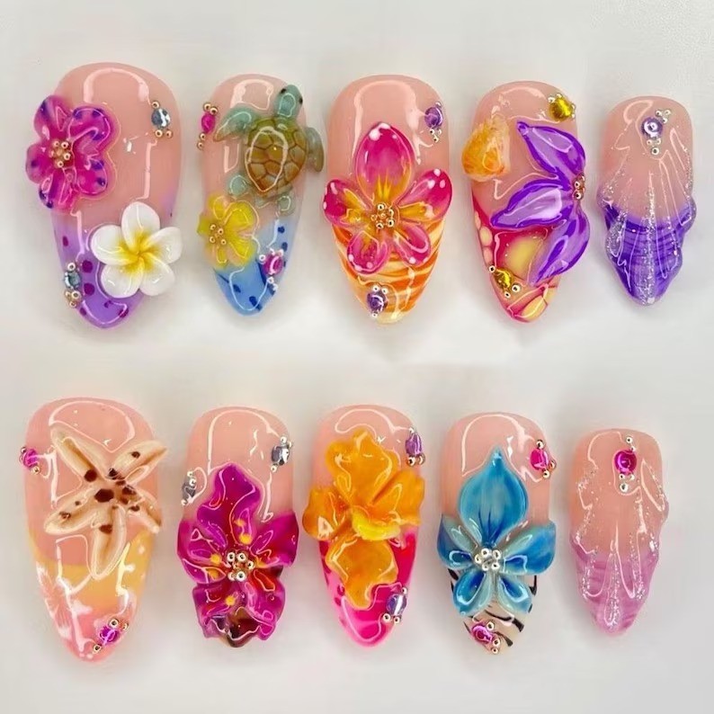 Handmade 3D Tropical Flower Press On Nails Summer Beach Hibiscus Gel Art