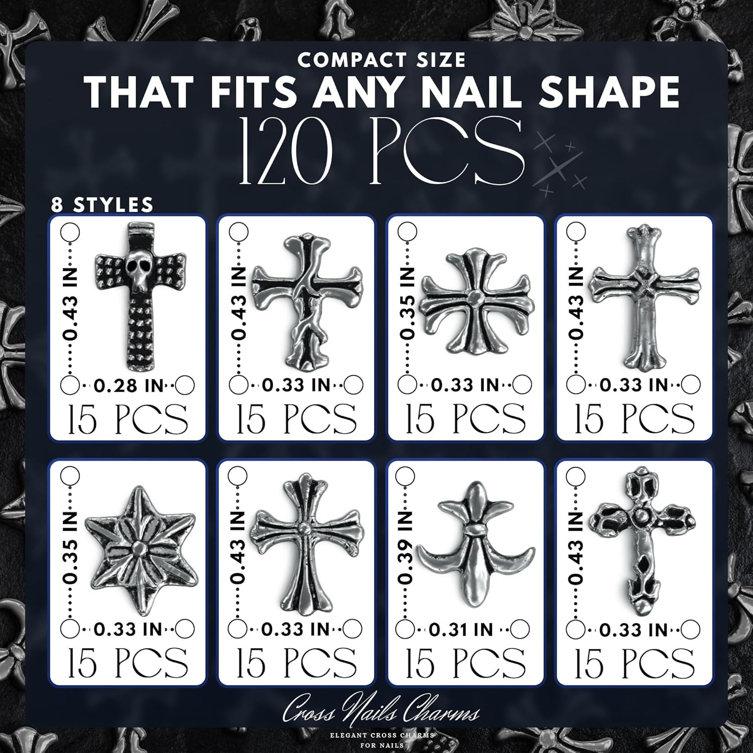 120pcs Silver Cross Nail Charms Y2K Gothic Chrome for Press-On & Nail Art
