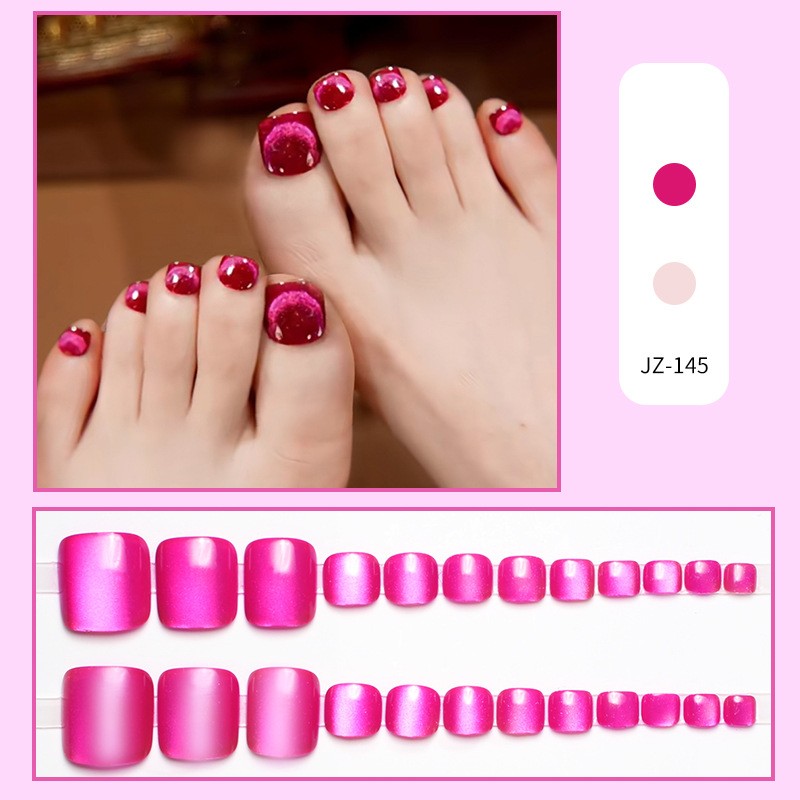48pcs Toe Press on Nails, Wine Red Cat Eye Sparkle Whitening Summer Foot Nails