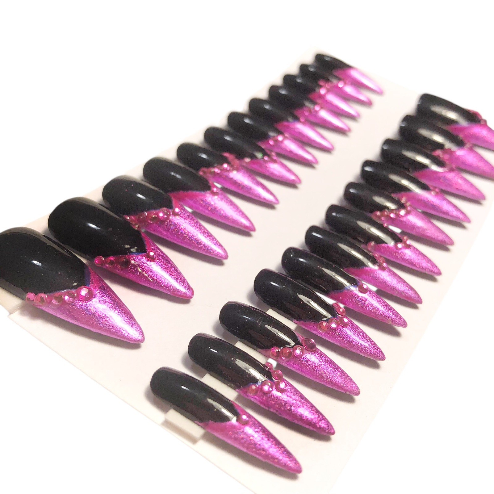 Custom Handmade Press On Nails Long Stiletto Black & Pink Hologram French Tips