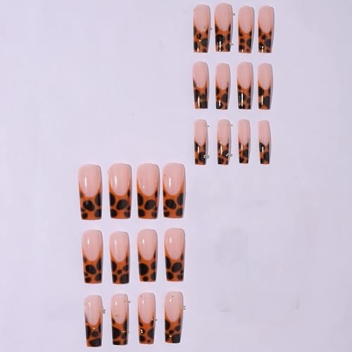 Square Press on Nails Long Fake Nails Brown French Tip Glue on bbfnH002