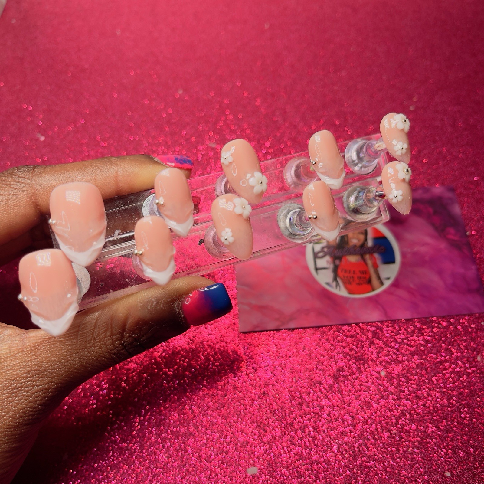 Almond Press-On Nails Peach White French 3D Flower by Authentic Nail Arts by Dia