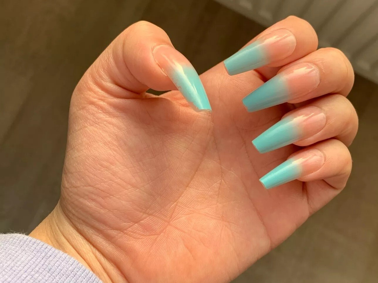 24 Blue Teal Ombre Summer Extra Long Press on nails glue on Coffin manicure nude