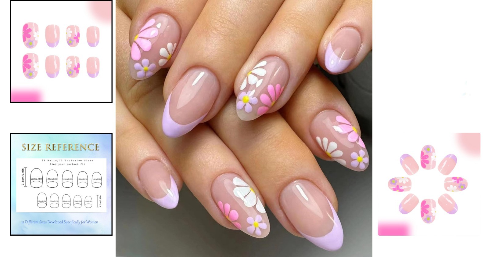 Custom Fit Floral Short Almond Press On Nails – 24 Pcs in Glossy Pink – Easy Use