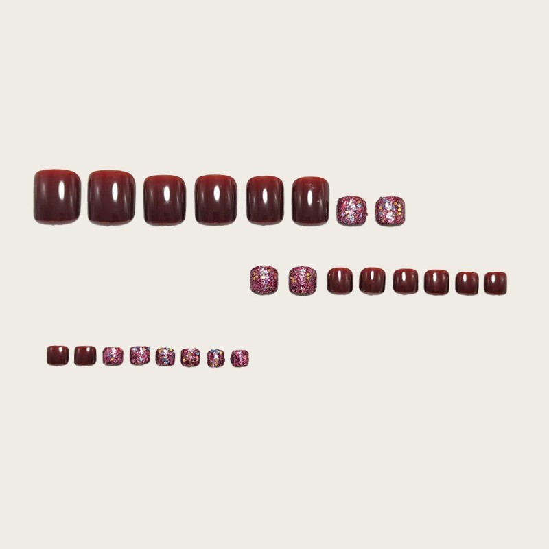 48pcs-Plum Purple Nails, Press on Toenails with Sparkly Pink Glitter Details