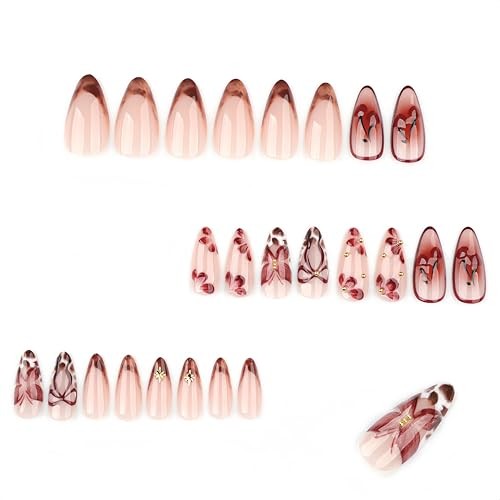 24Pcs Wine Red Cherry Press on Nails Medium Almond Fake Nails with 3D cherry
