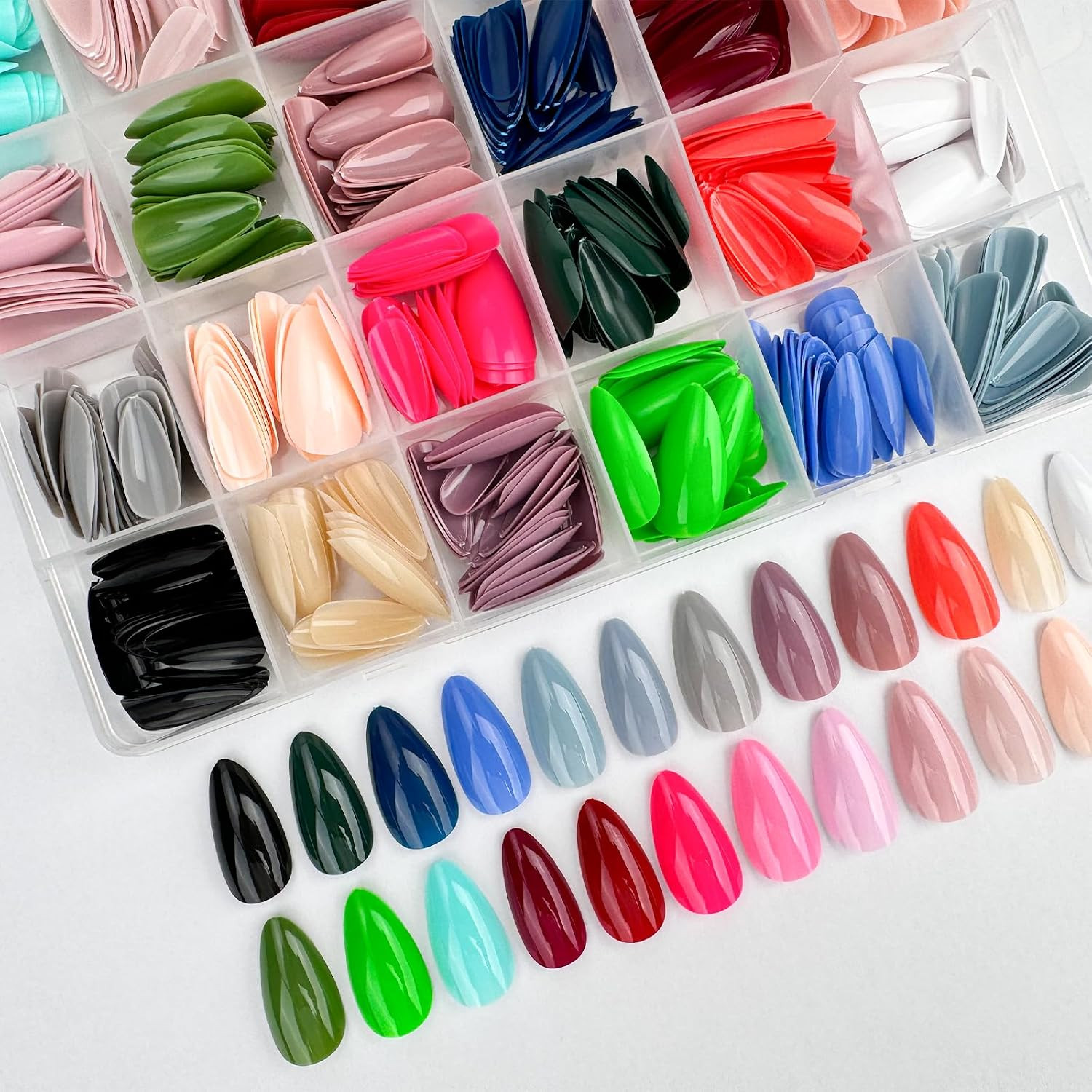576Pcs Almond Press on Nails Medium Fake Nails 24 Colors False Nails with 12 Siz