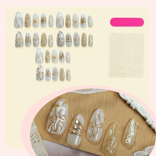 30Pcs Handmade Nails 3D Flower Press on Nails Almond Ocean Starfish Style 3