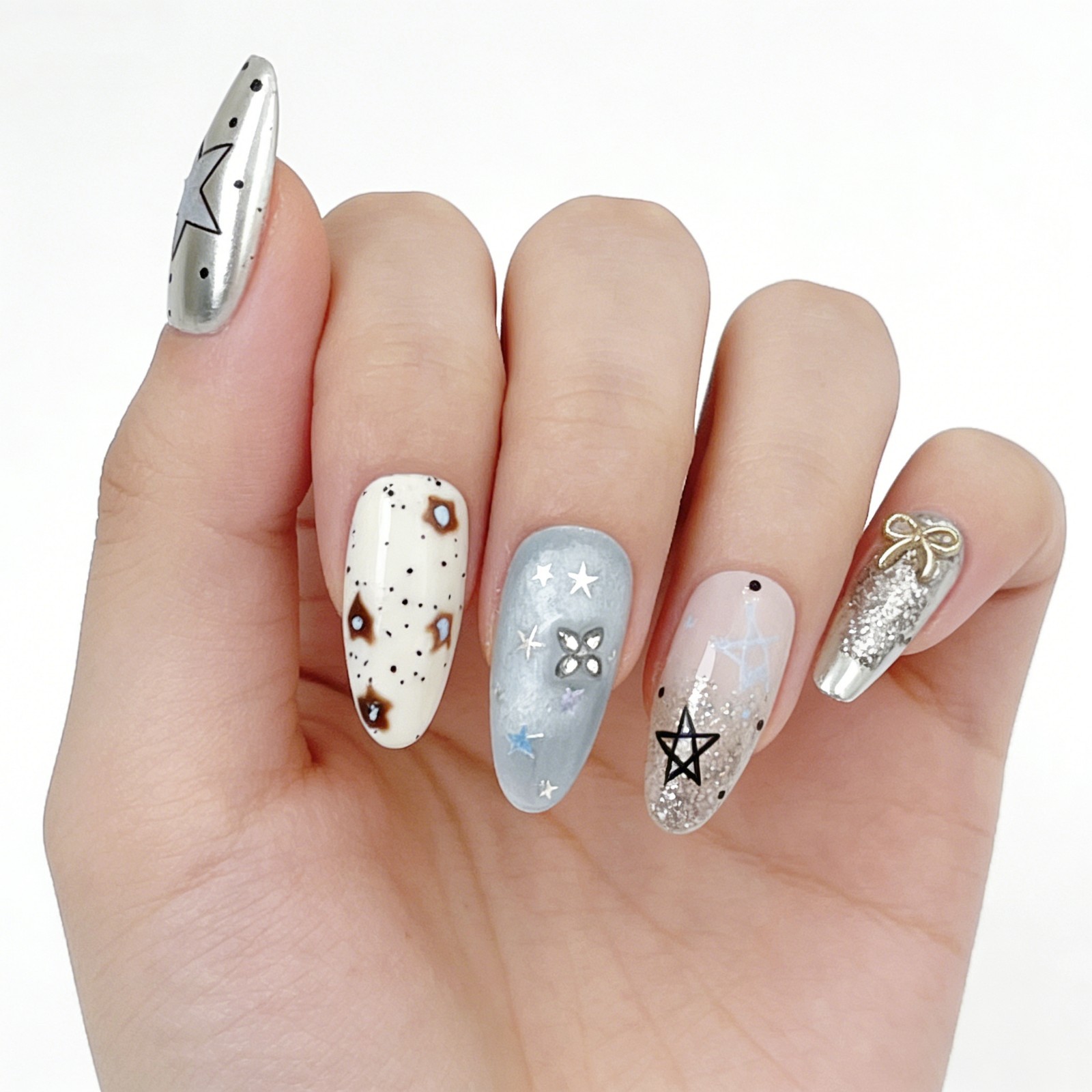 Galaxy Star Glitter Press-On Nails Mismatched Set Handmade Almond Nails Gift