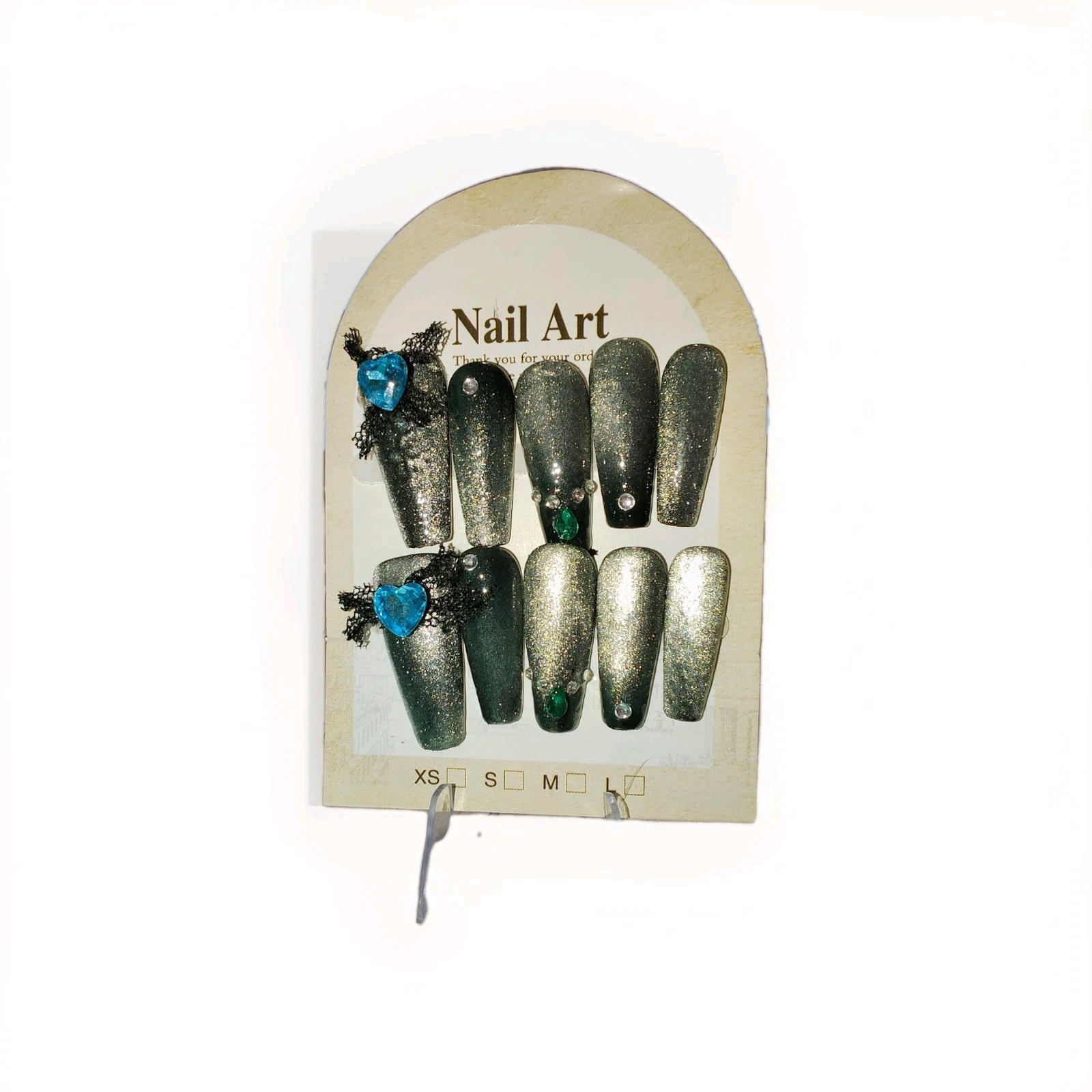 Black Silver Cat Eye Glitter 3D Gemstone Long Coffin Press-On Nails Full Cover